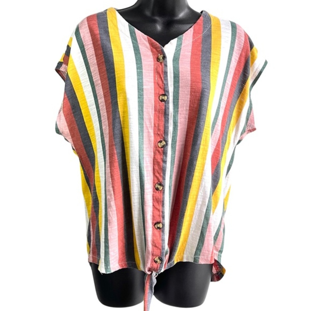 Bobbie Brooks SzL Vertical Striped V Neck Front Tie Button up Relaxed Fit Blouse